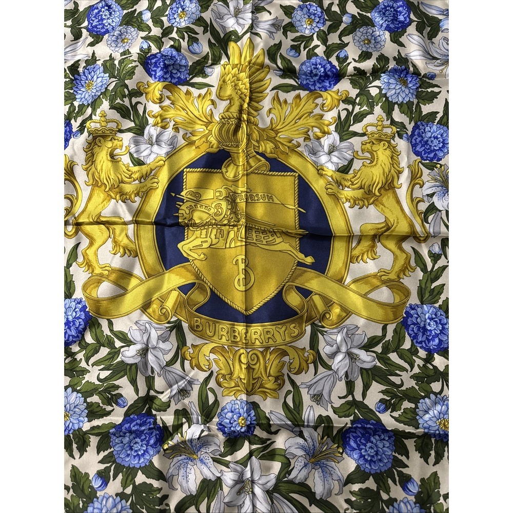 Vintage Burberry Large Coat Of Arms Lion Floral Silk Scarf Vintage - Picture 10 of 14